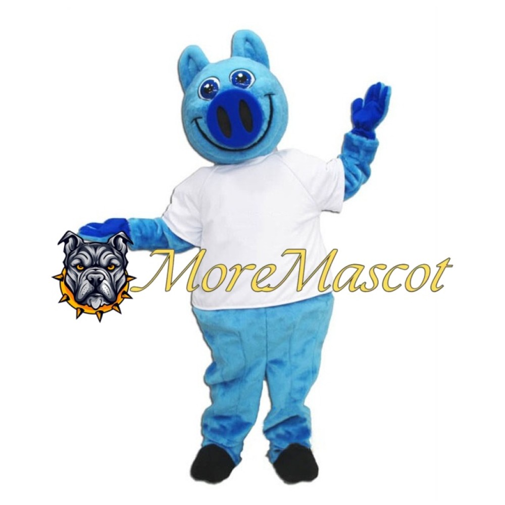 Happy Blue Pig Mascot Costume